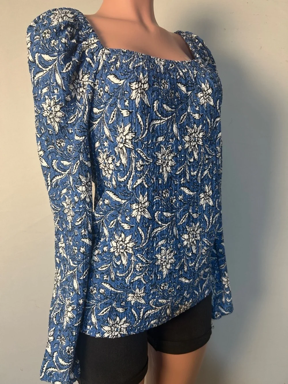 LOFT Women’s Floral Puff Long Sleeve Blouse Textured Top Square Neck Size L NWT